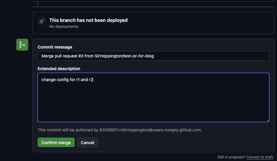 GitHub - Merging the PR with a commit message