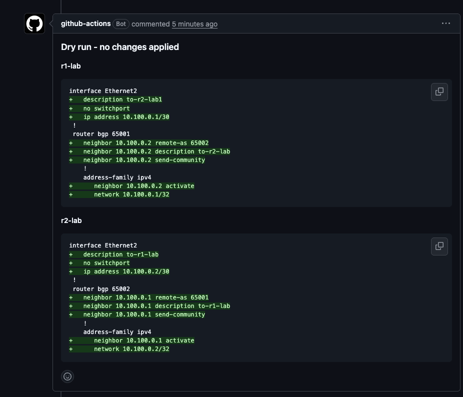 GitHub PR comment - Showing diffs in the configuration
